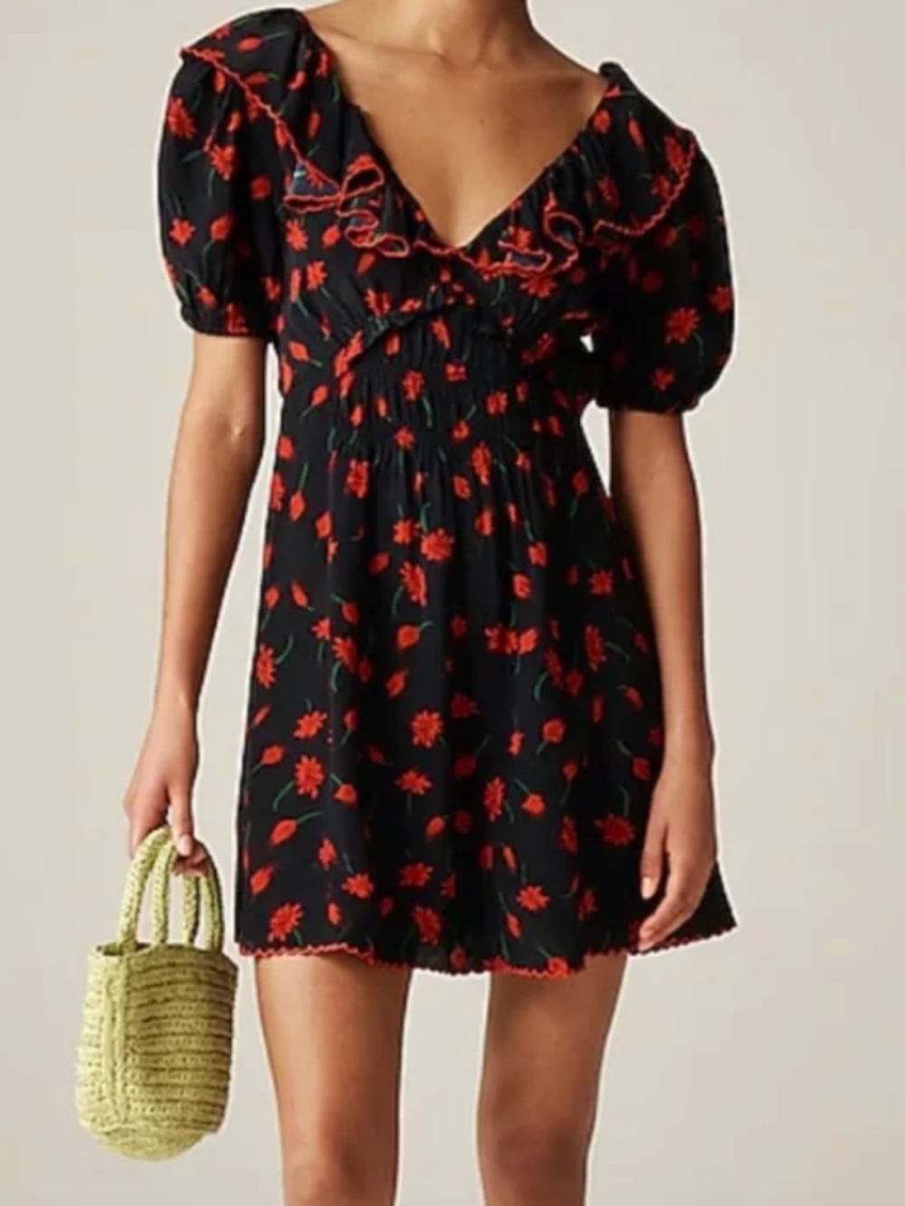 Ruffle-collar mini dress in painted daisy print